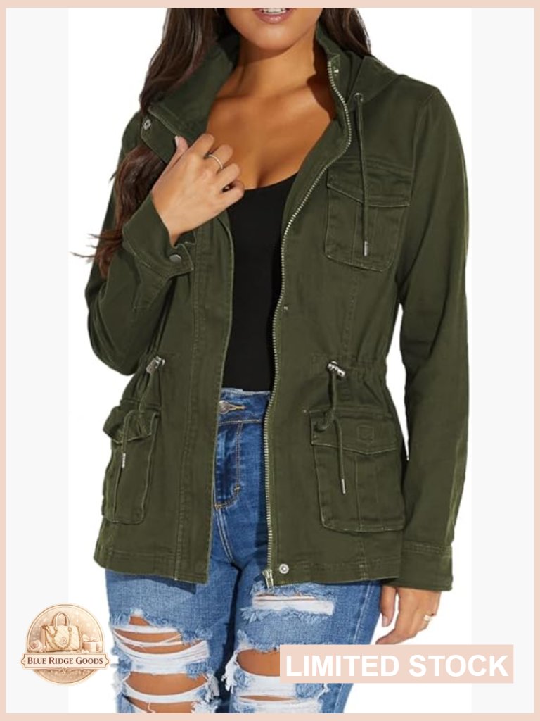 Casual Long Sleeve Lightweight Full Zip Up Coat With Hood Pockets Utility Style